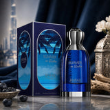 Soghaat Anfar Summer in Dubai 100ml Extrait de Parfum bottle and box with tropical palm tree design and blue glass.