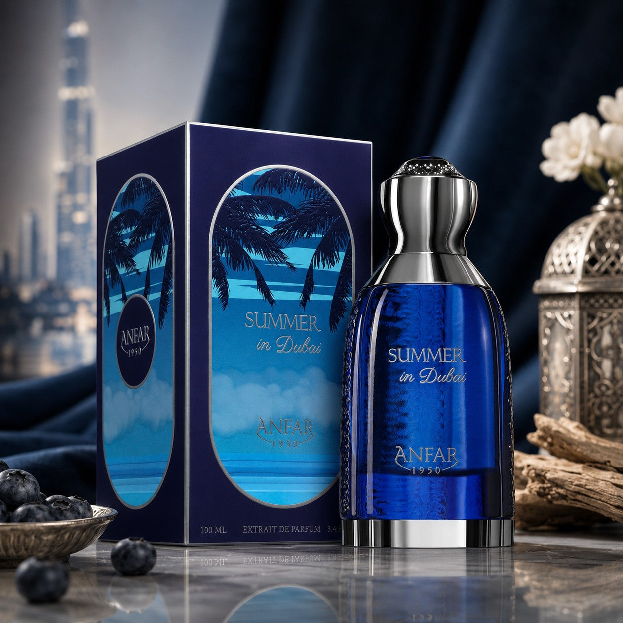 Soghaat Anfar Summer in Dubai 100ml Extrait de Parfum bottle and box with tropical palm tree design and blue glass.