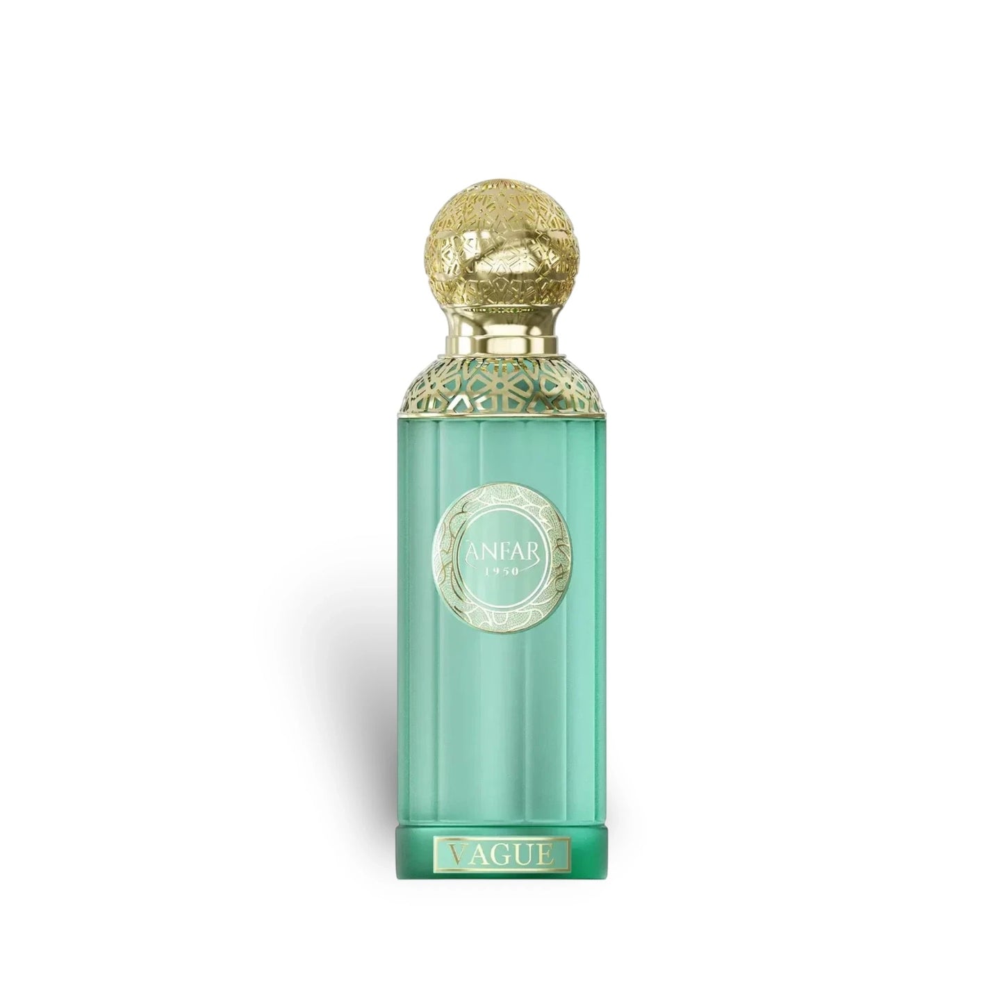 Soghaat Anfar Vague Extrait de Parfum in a tall green glass bottle with an ornate gold cap and intricate detailing.