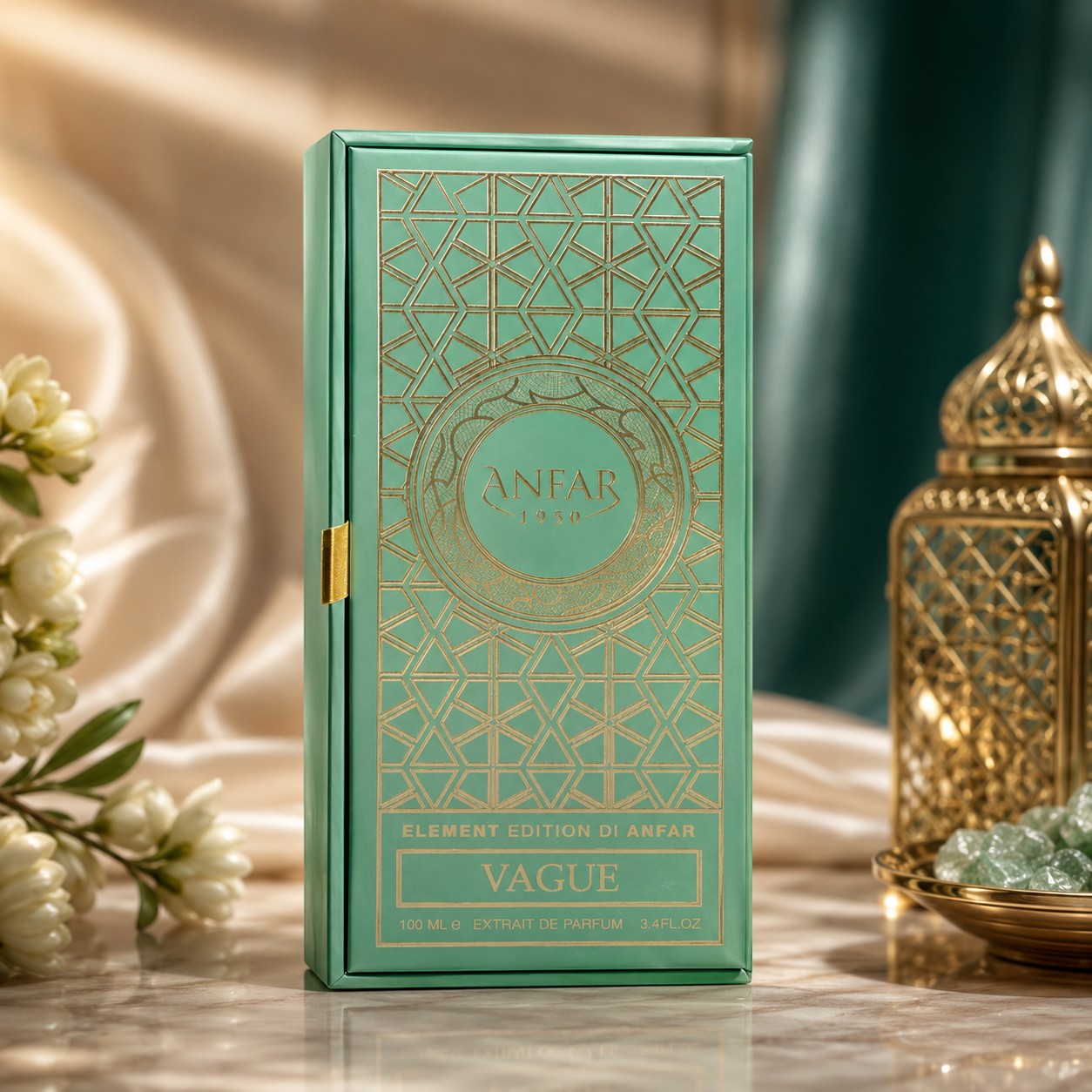 Soghaat Anfar Vague 100ml Extrait de Parfum in a decorative mint green box with gold geometric patterns.