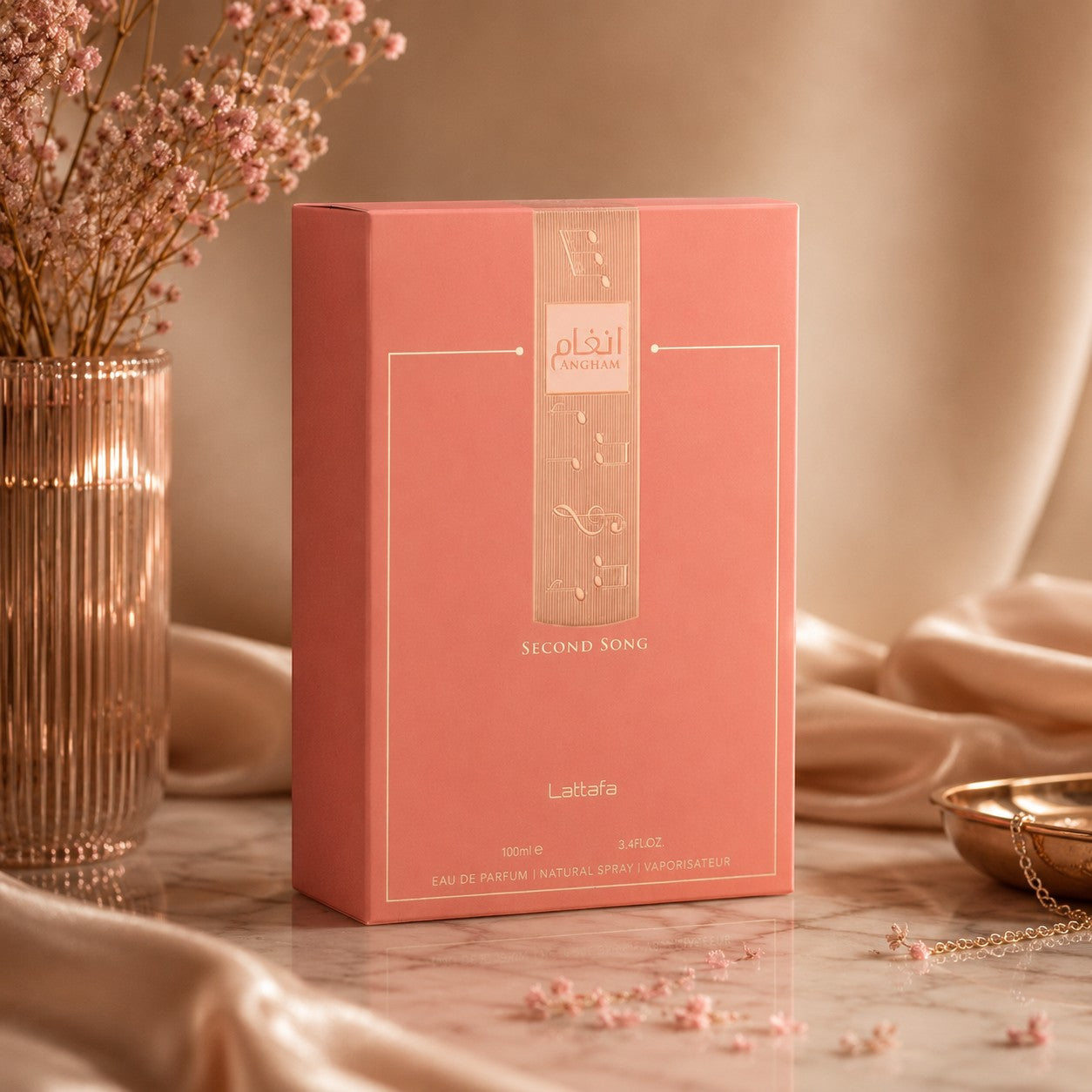Soghaat Angham Second Song 100ml Eau de Parfum for women, coral pink box with musical notes design.