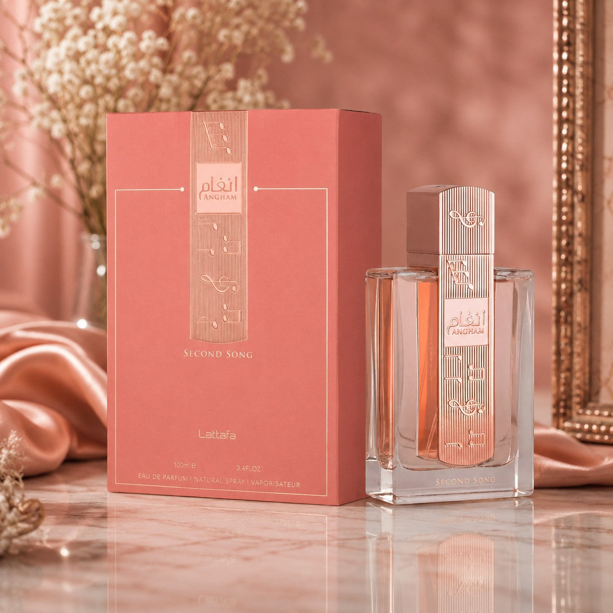 Soghaat Angham Second Song 100ml Eau de Parfum for women, floral fruity gourmand scent with notes of bergamot, pear blossom, orange blossom, peony, praline, vanilla, ambroxan, tonka bean, and musk.