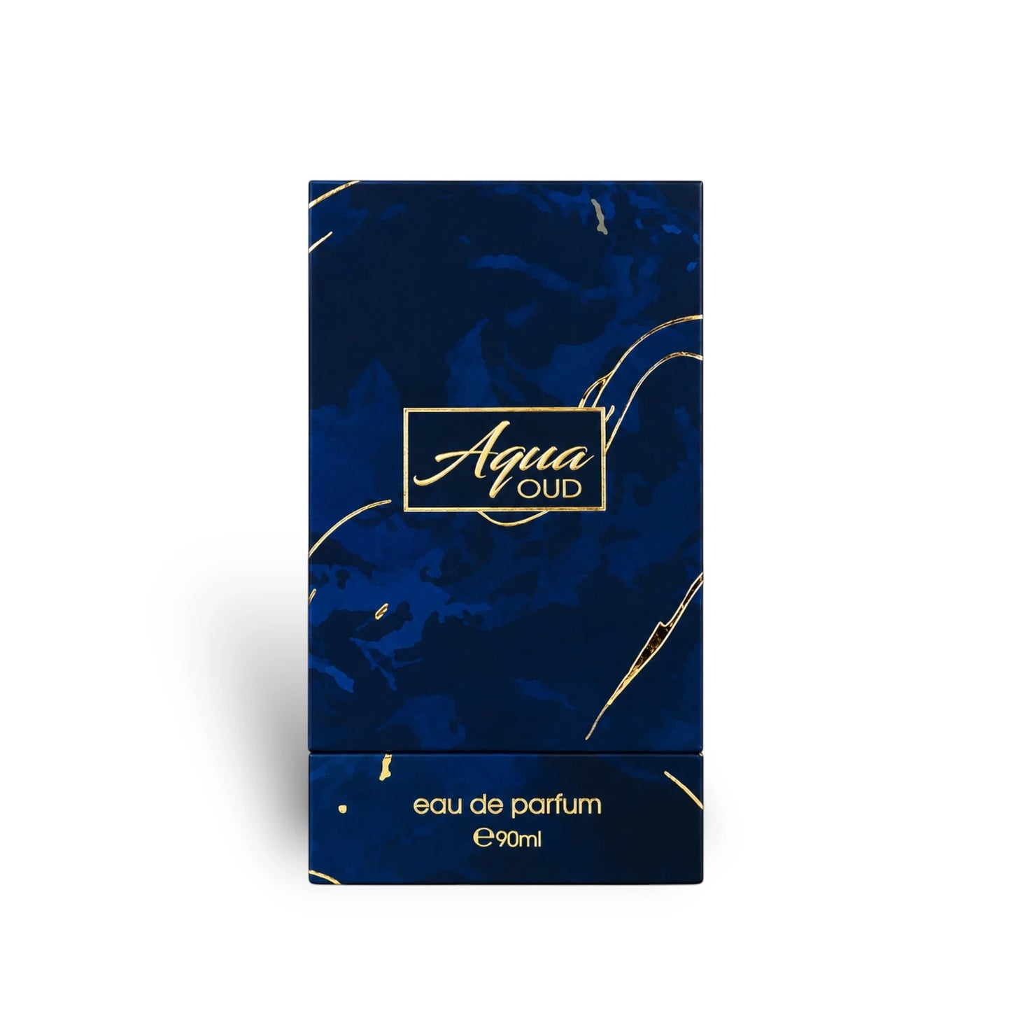Soghaat Aqua Oud Eau de Parfum 90ml box in deep blue with gold marble-effect accents and elegant gold lettering.