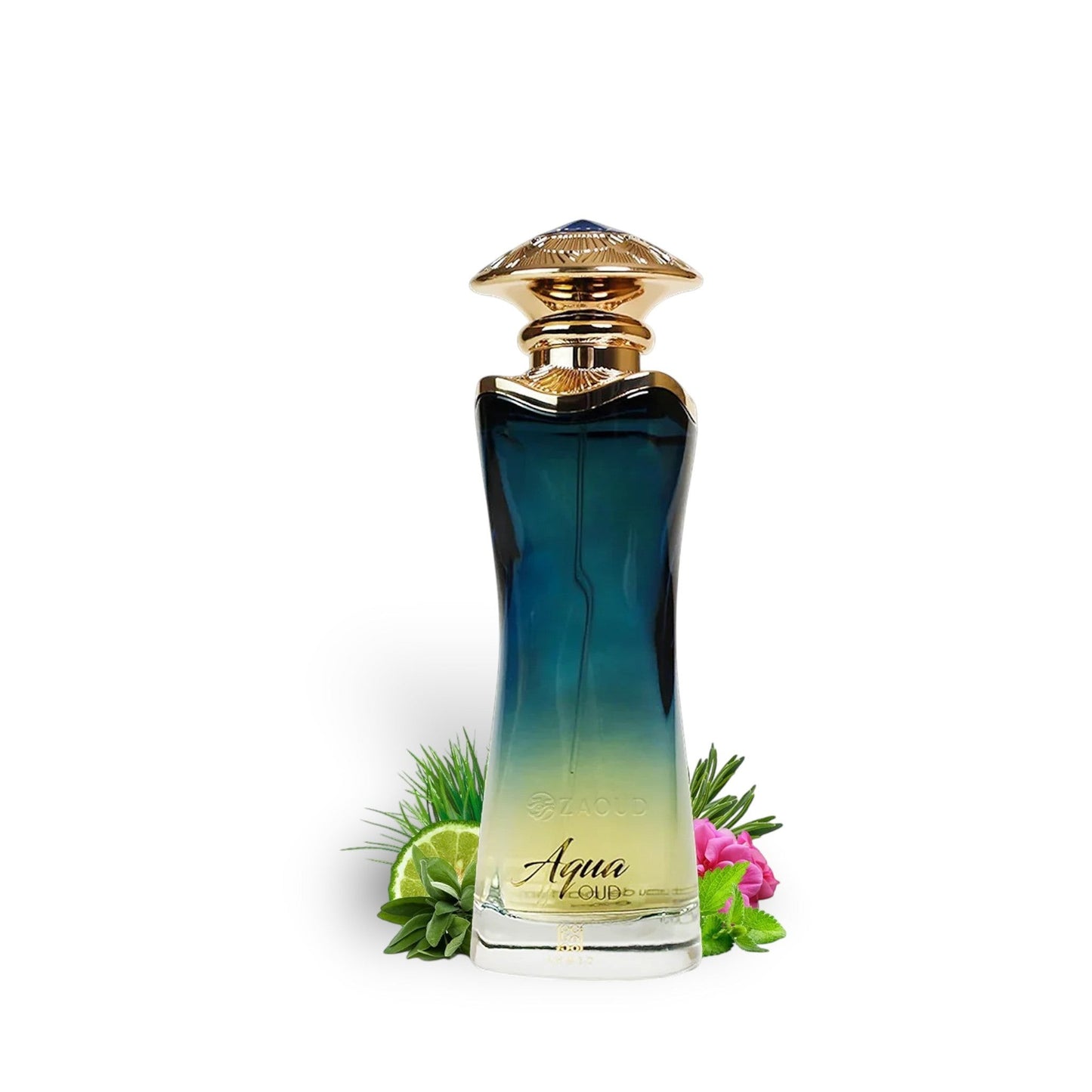 Soghaat Aqua Oud 90ml Eau de Parfum, a unisex fresh oud woody fragrance with a gradient blue glass bottle and gold cap.