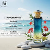Ahmed Al Maghribi Aqua Oud 90ml Eau de Parfum, a blue and yellow gradient glass bottle with gold accents, set on a beach with water and sky background.