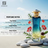 Ahmed Al Maghribi Aqua Oud 90ml Eau de Parfum, a blue and yellow gradient glass bottle with gold accents, set on a beach with water and sky background.