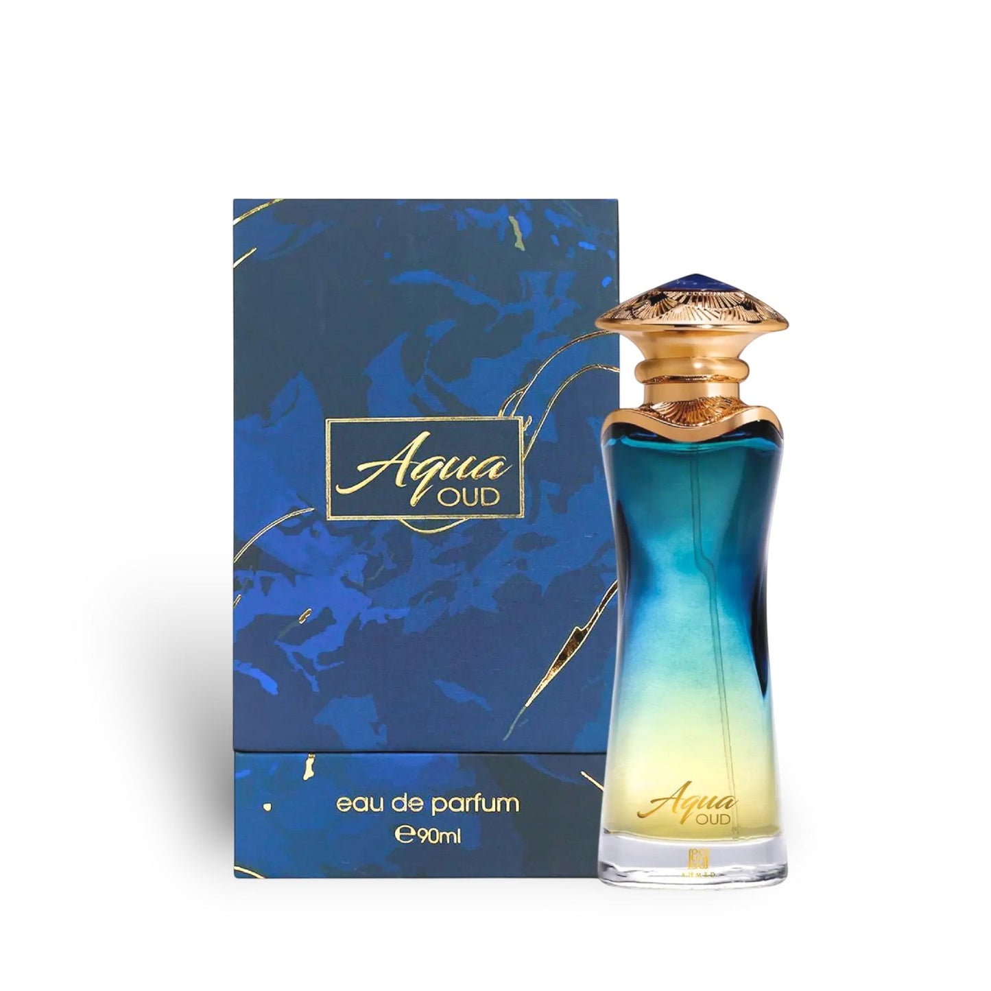 Soghaat Aqua Oud Eau de Parfum 90ml bottle with blue and gold abstract box. Gradient bottle from blue to yellow.