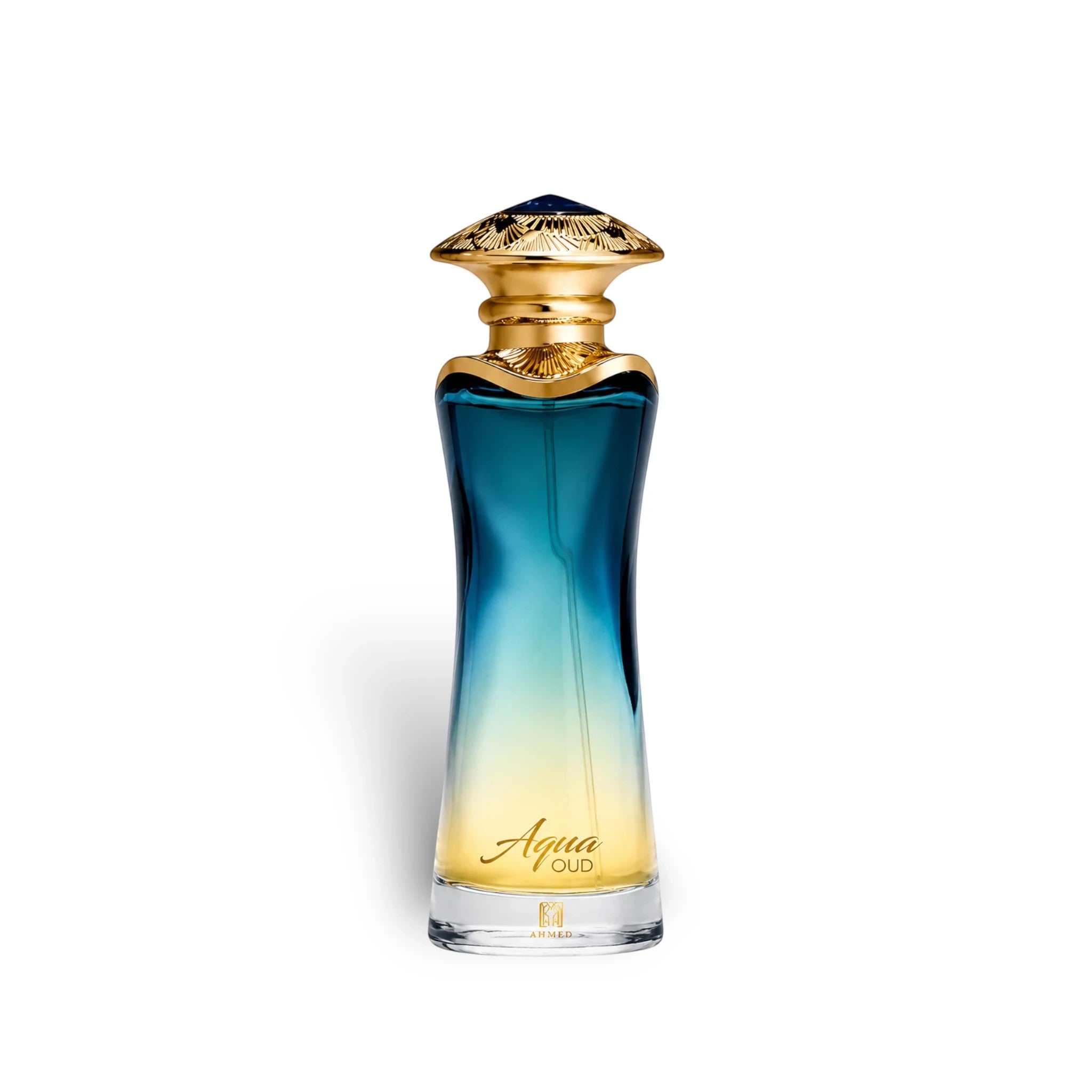 Soghaat Aqua Oud Eau de Parfum in a blue and yellow gradient glass bottle with an ornate gold cap