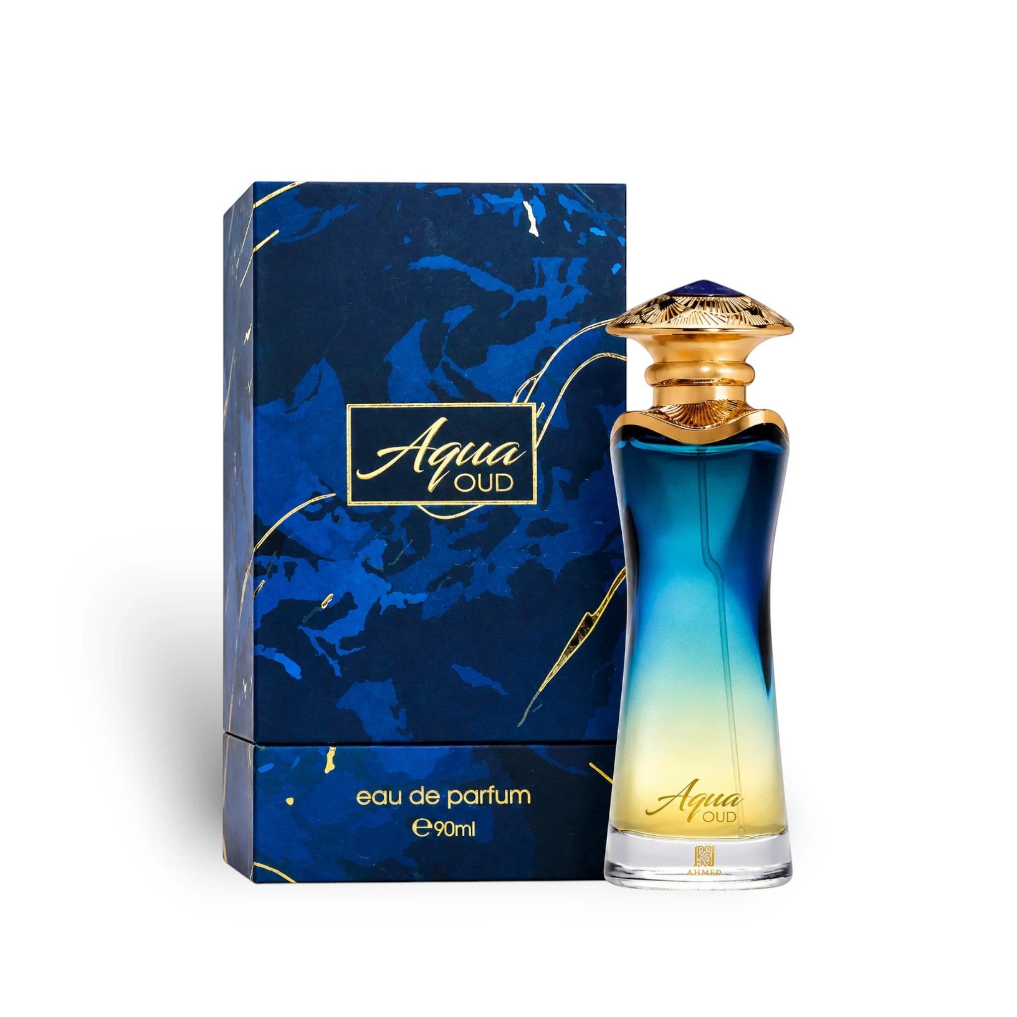 Soghaat Aqua Oud Eau de Parfum bottle with blue-to-yellow gradient glass and gold cap, next to its blue marble box.