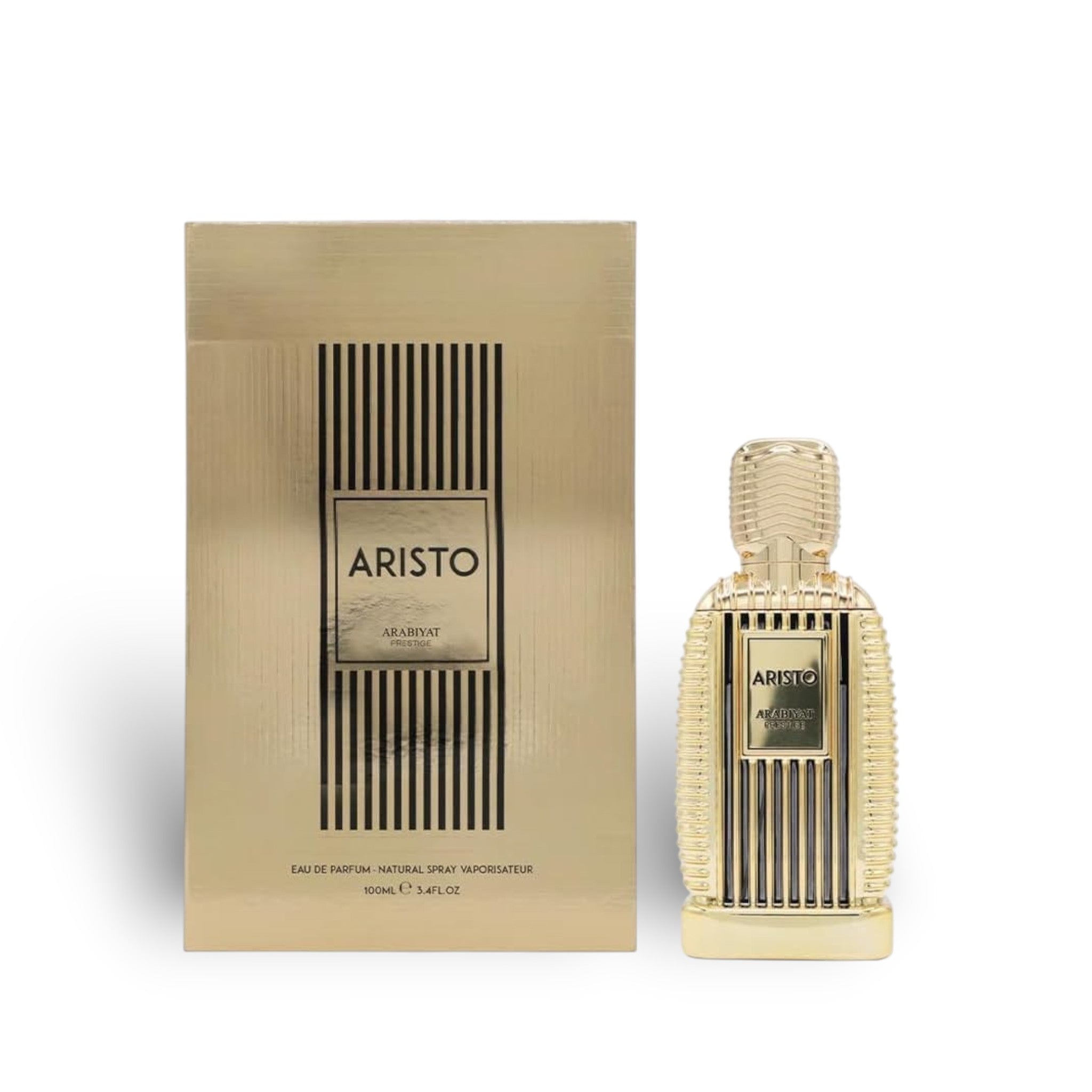 Soghaat Aristo 100ml Eau de Parfum bottle and box, gold with black pinstripe detail. Fresh woody aromatic fragrance.