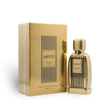 Soghaat Aristo 100ml Eau de Parfum bottle and box, gold ribbed design, fresh woody aromatic scent.