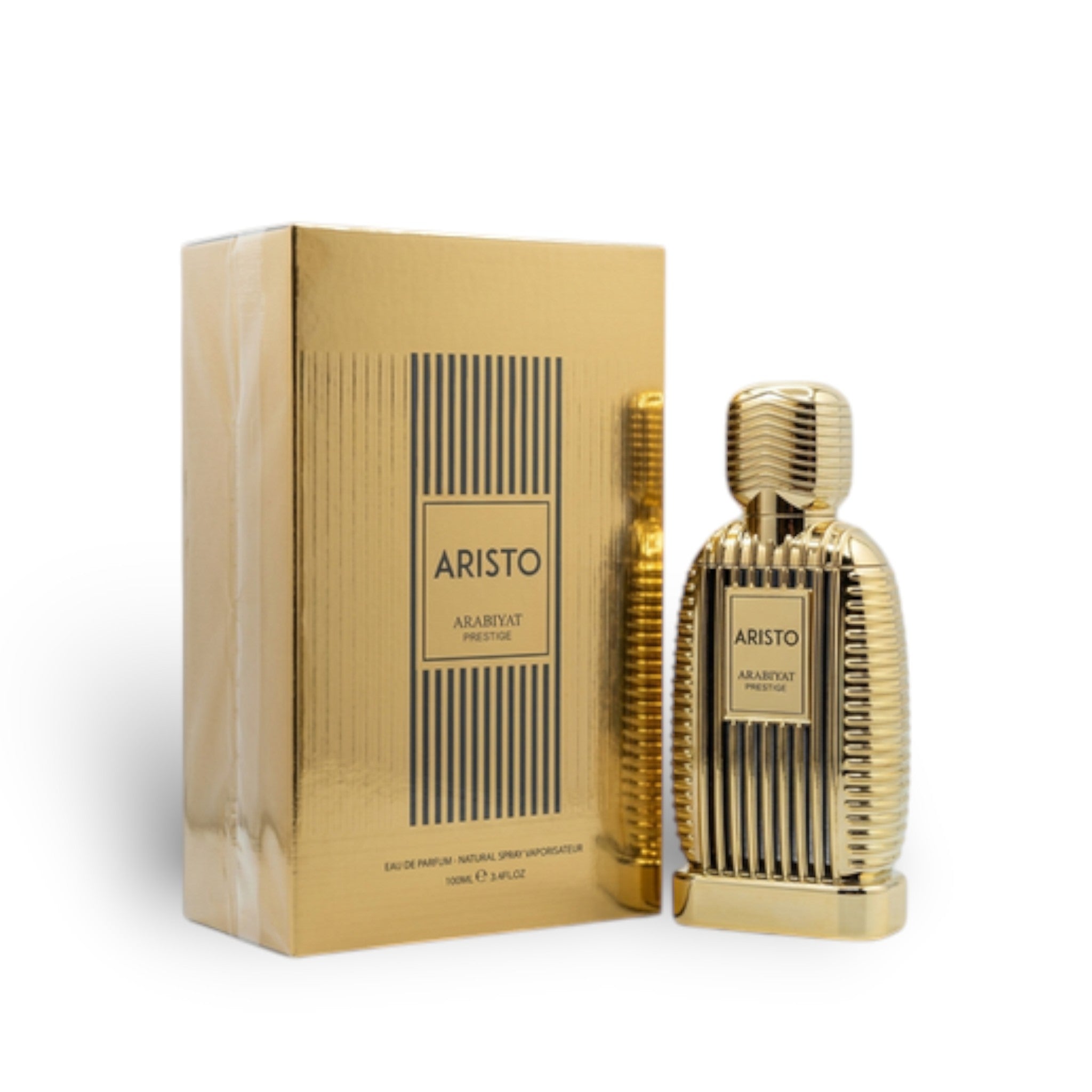 Soghaat Aristo 100ml Eau de Parfum bottle and box, gold ribbed design, fresh woody aromatic scent.