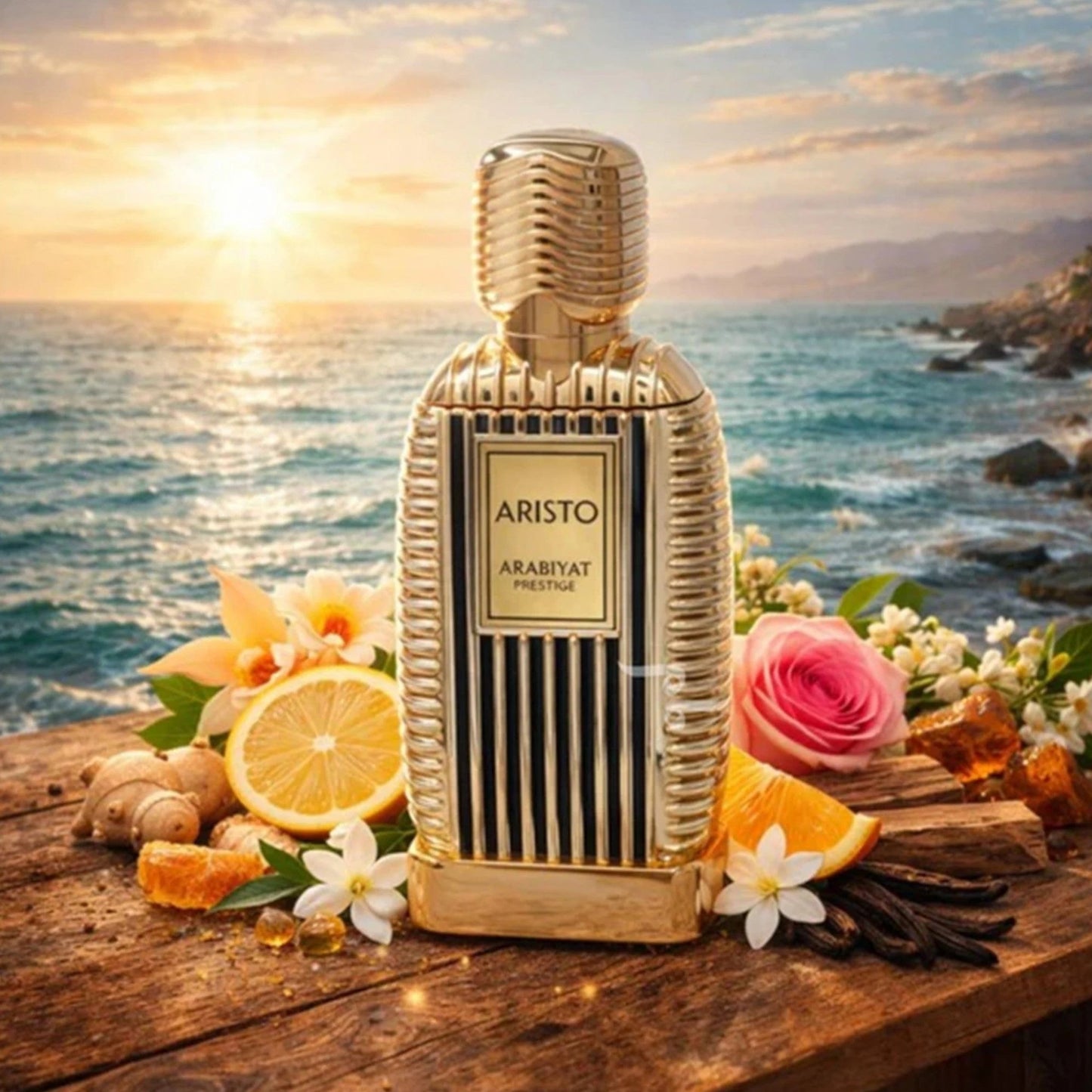 Soghaat Aristo 100ml Eau de Parfum, a gold bottle with vertical black stripes, featuring ginger, lemon, orange, vanilla, and rose accents.