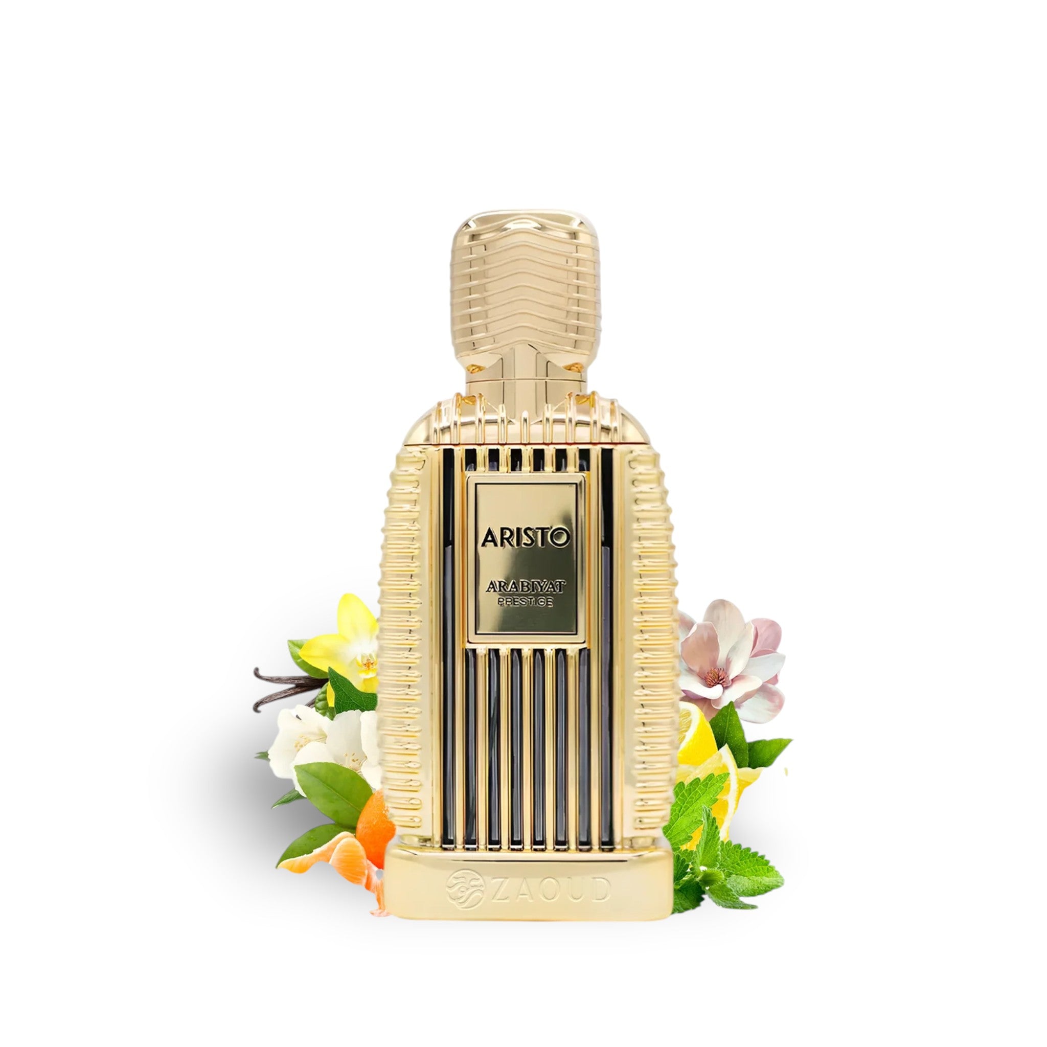 Soghaat Aristo 100ml Eau de Parfum, gold bottle with citrus and floral accents. Fresh woody aromatic scent.