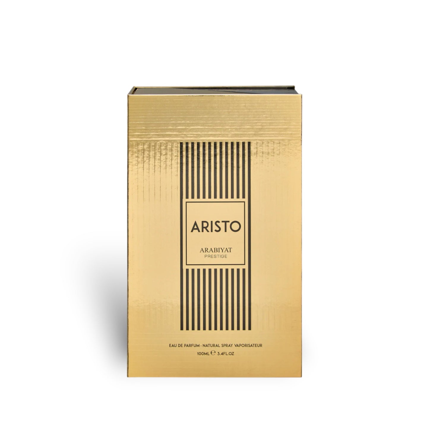 Soghaat Aristo 100ml Eau de Parfum, a fresh woody aromatic fragrance in a gold box with black vertical stripes.