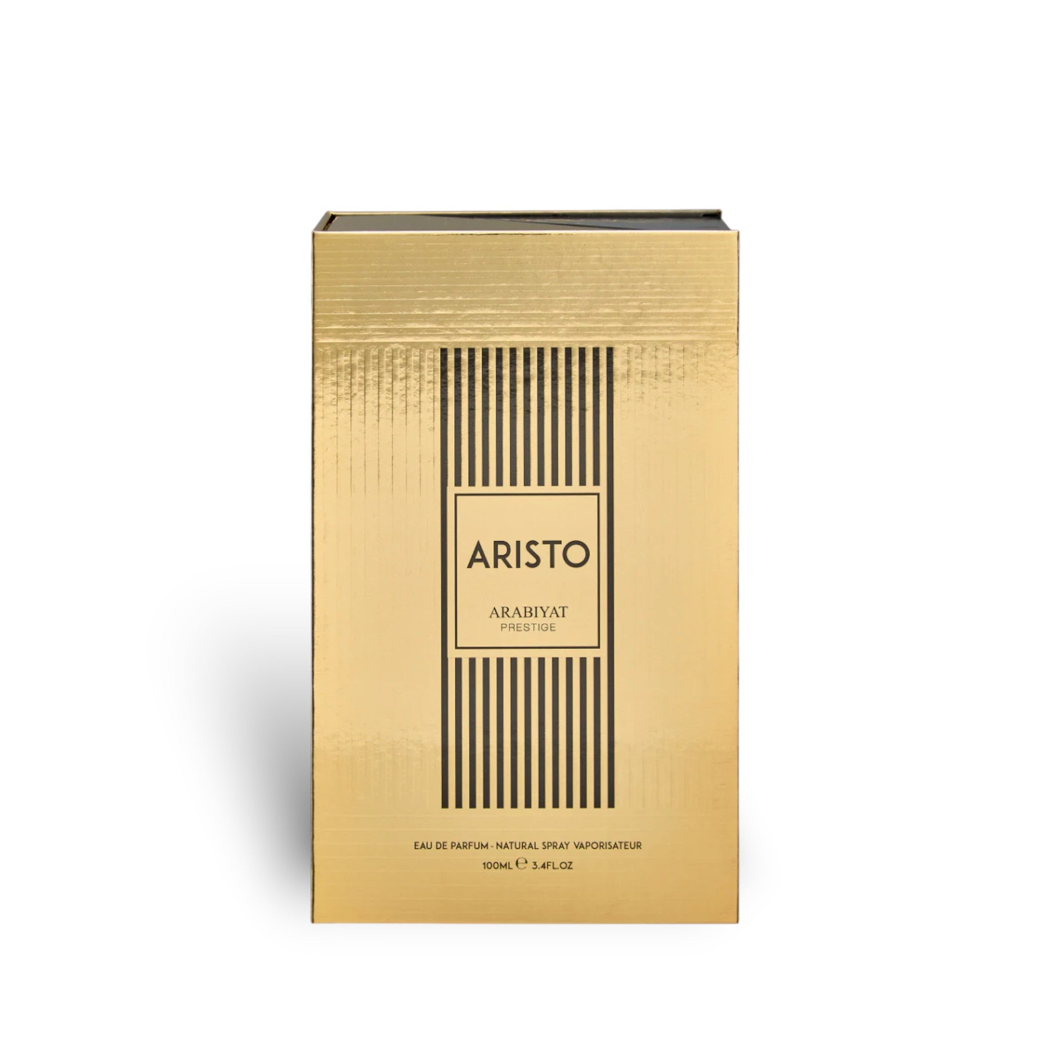 Soghaat Aristo 100ml Eau de Parfum, a fresh woody aromatic fragrance in a gold box with black vertical stripes.
