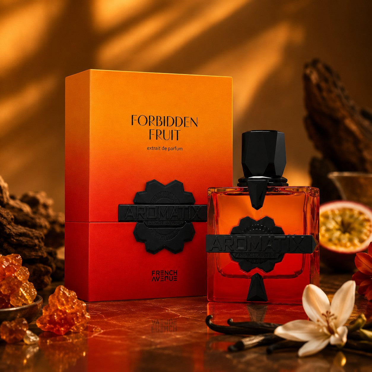 Soghaat Aromatix Forbidden Fruits Extrait de Parfum bottle and box, amber-orange gradient, woody aromatic scent.