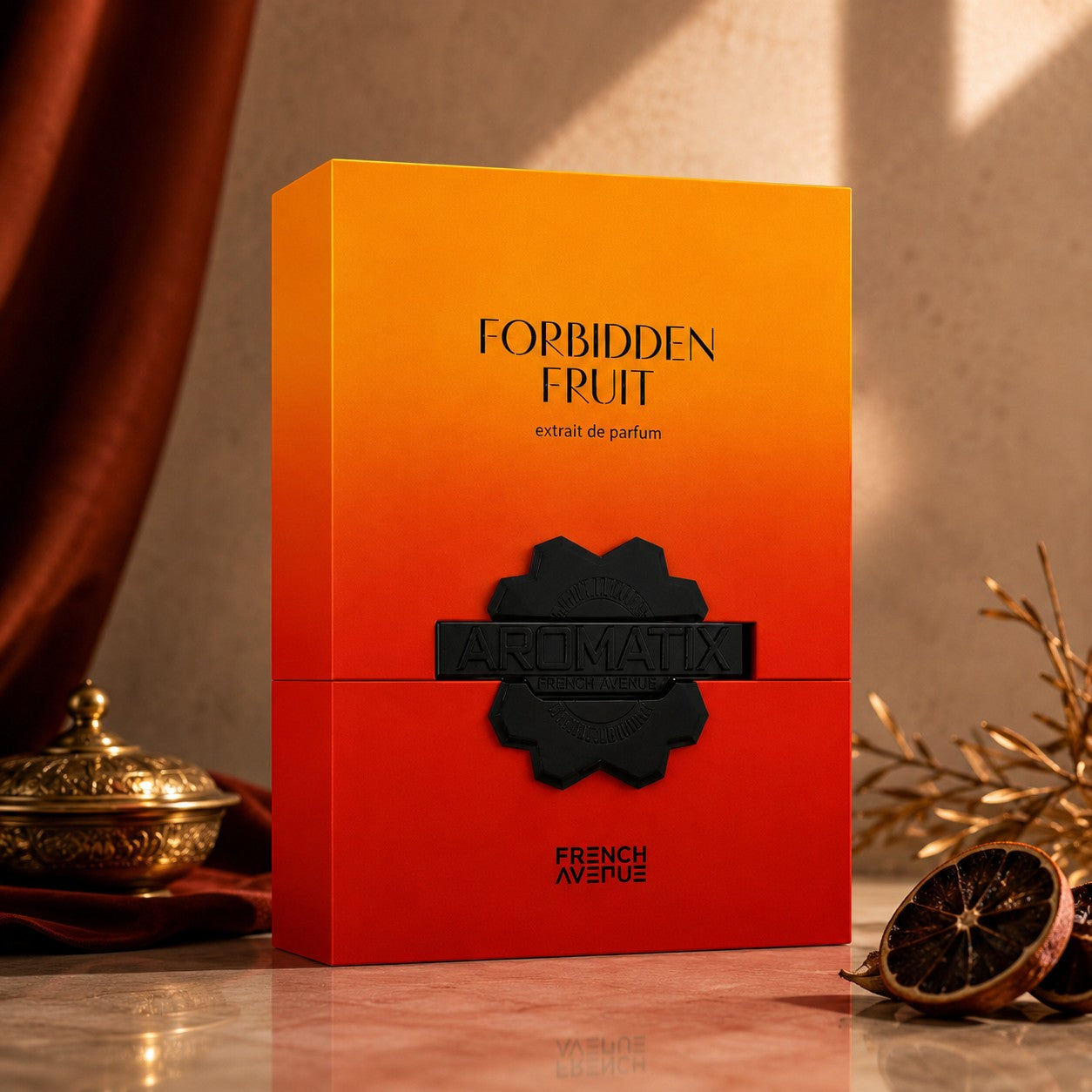 Soghaat Aromatix Forbidden Fruits Extrait de Parfum box with orange-red gradient and black emblem.