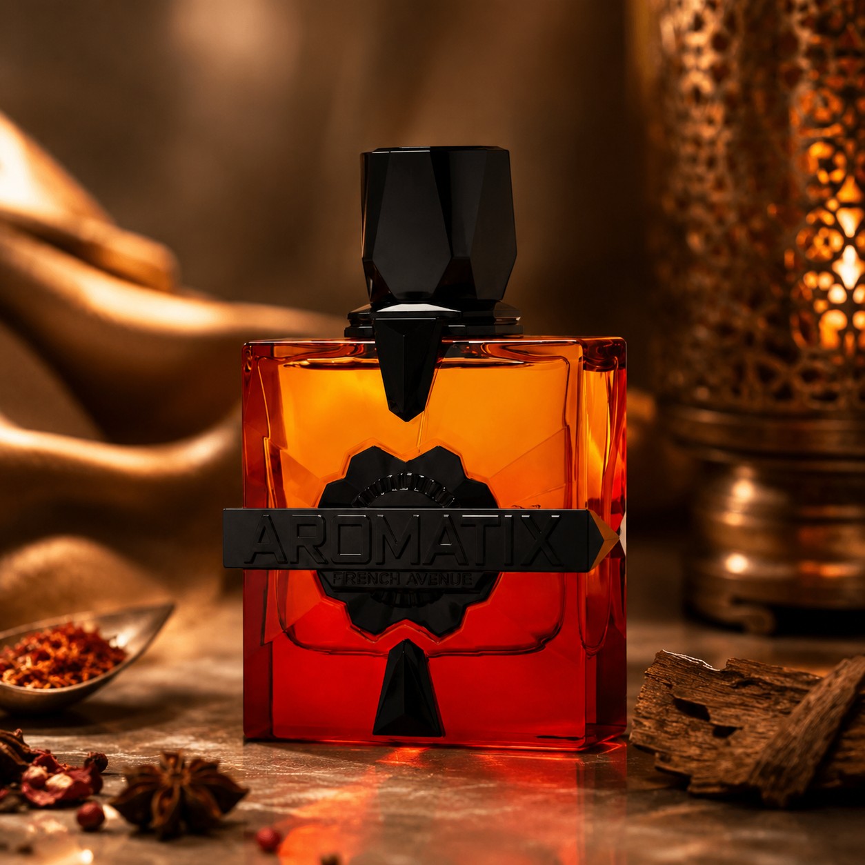 Soghaat Aromatix Forbidden Fruits Extrait de Parfum, a unisex woody aromatic fragrance with amber and citrus notes in a gradient orange glass bottle.