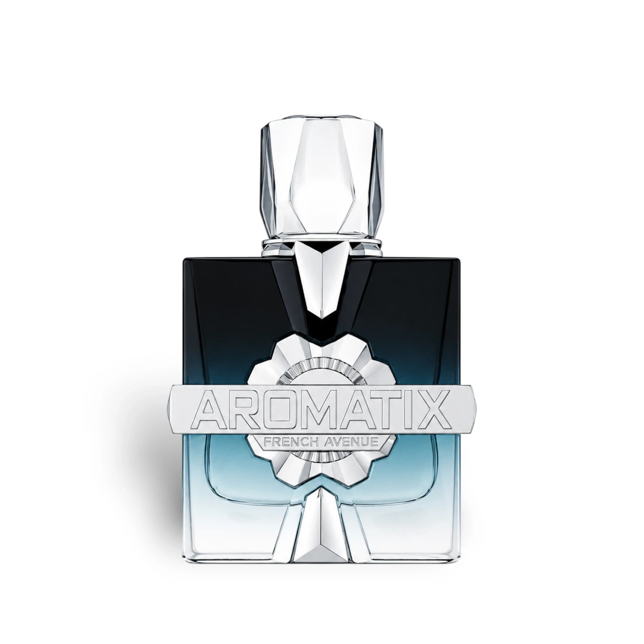 Soghaat Aromatix Frostbite 100ml Extrait de Parfum for Unisex. Clear glass bottle with a gradient dark blue to light blue liquid. Silver accents and cap.