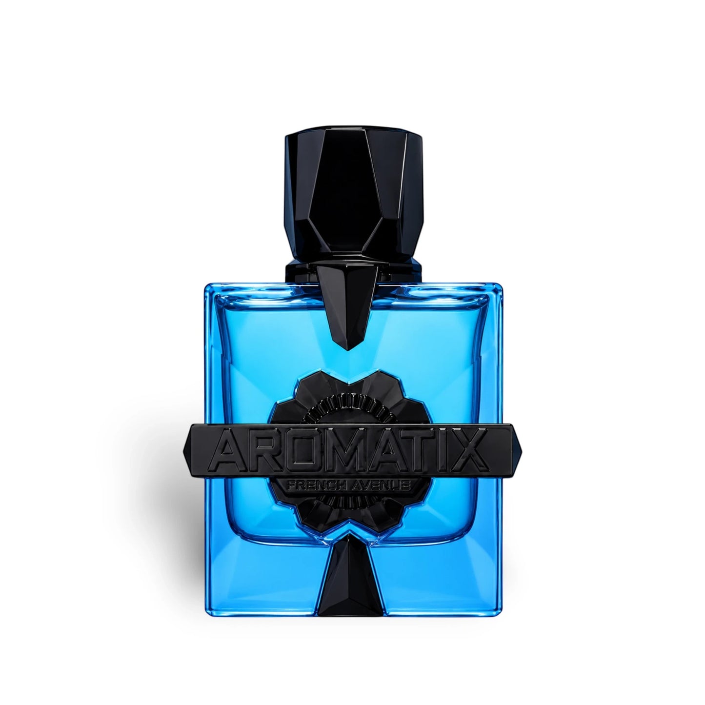 Soghaat French Avenue Aromatix Magnetiq Extrait de Parfum in a bright blue glass bottle with a black geometric cap.