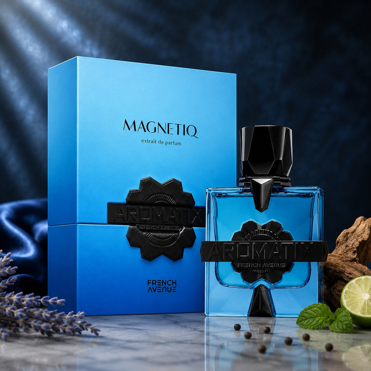 Soghaat French Avenue Aromatix Magnetiq Extrait de Parfum bottle and blue box with bergamot, lavender, and wood.