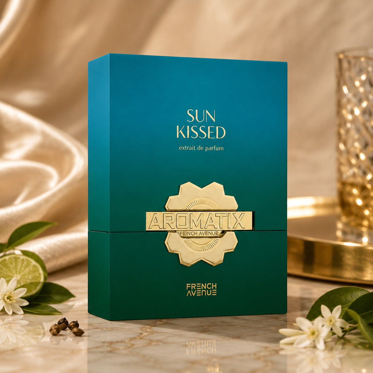 Soghaat Aromatix Sun Kissed 100ml Extrait de Parfum box with teal to green gradient and gold accents. Unisex fragrance.