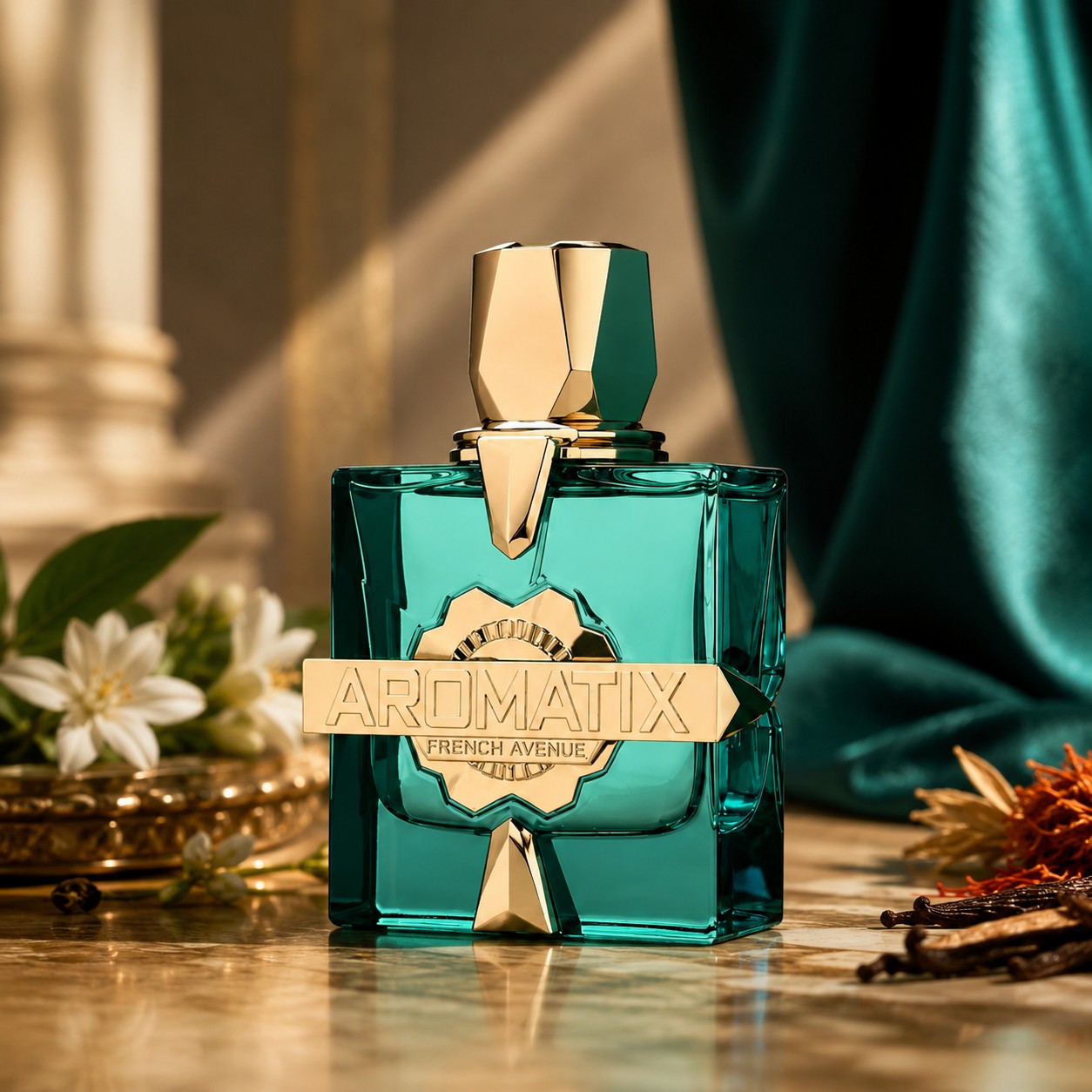 Soghaat Aromatix Sun Kissed 100ml Extrait de Parfum, a unisex fragrance in a teal glass bottle with gold accents, featuring citrus and woody notes.