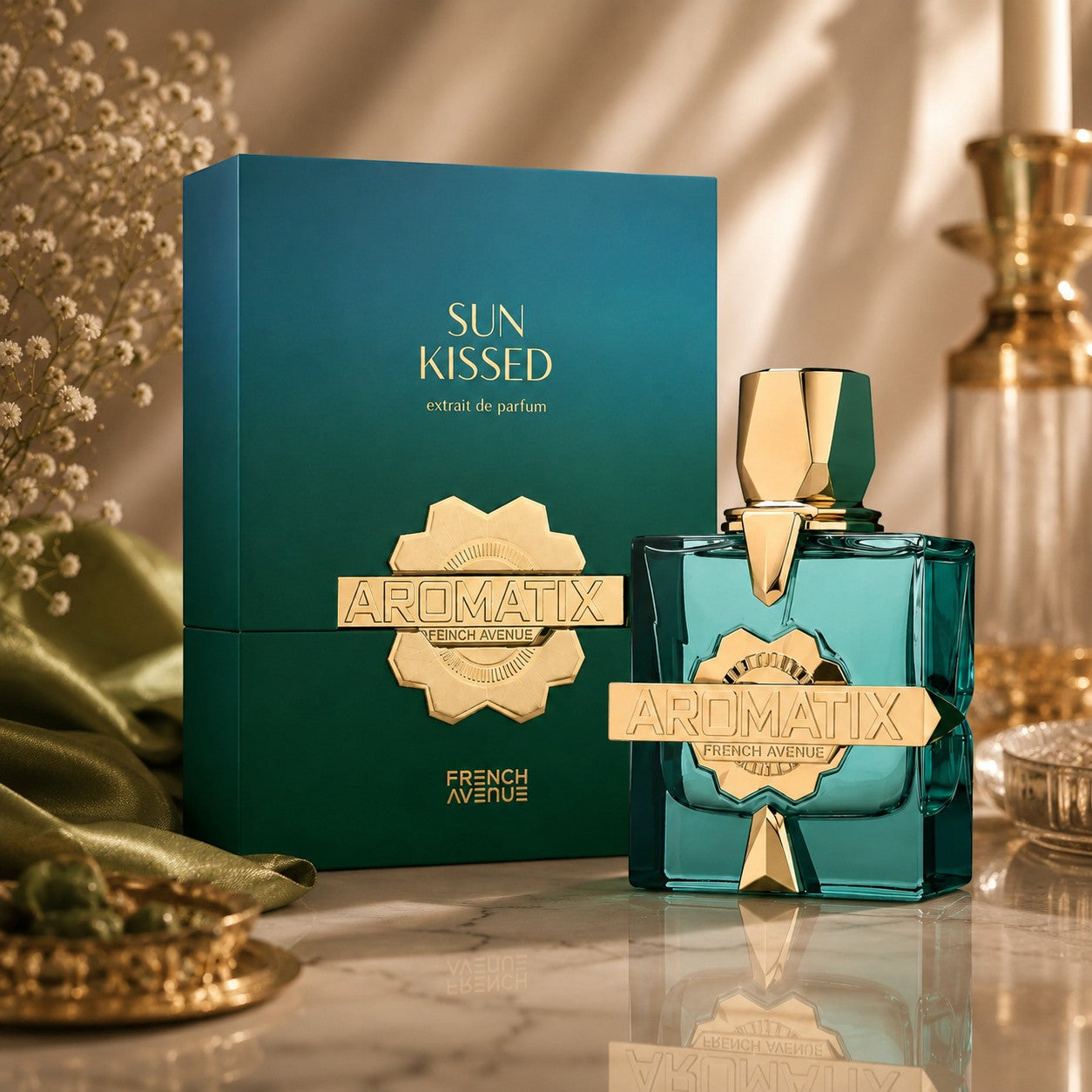 Soghaat Aromatix Sun Kissed 100ml Extrait de Parfum for unisex, teal glass bottle with gold accents, green box.