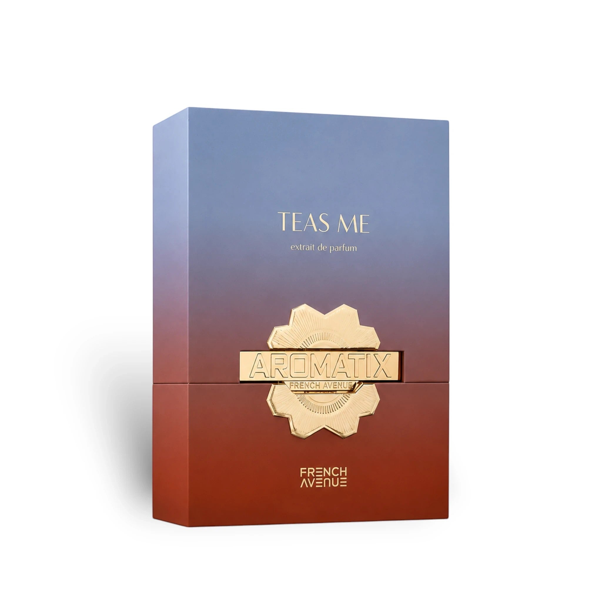 Soghaat Aromatix Teas Me Extrait de Parfum 100ml bottle with a gradient blue to red box and gold emblem.