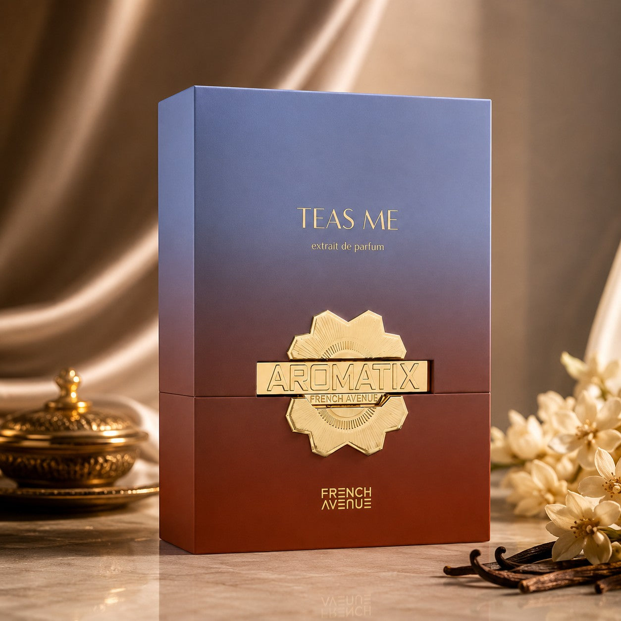 Soghaat Aromatix Teas Me Extrait de Parfum by French Avenue, sweet amber gourmand fragrance with lime, ginger, black tea notes.