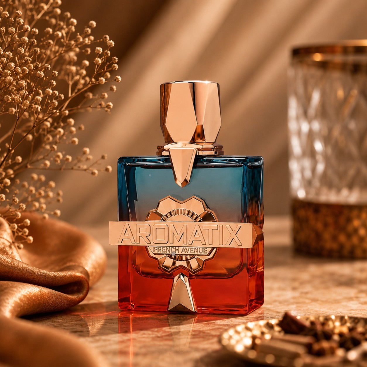 Soghaat Aromatix Teas Me Extrait de Parfum, a gradient glass bottle with blue top and red bottom, gold accents.