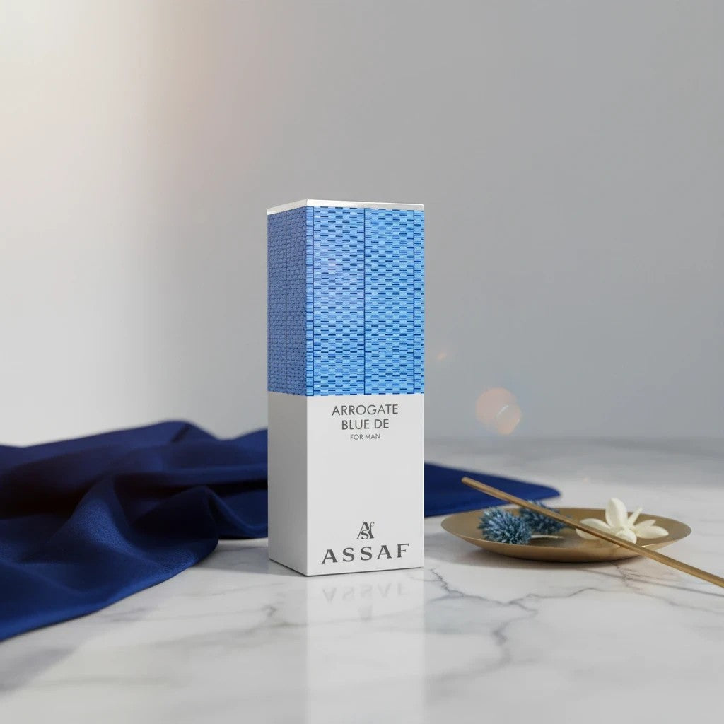 Assaf Arrogate Blue De 200ml Eau de Parfum for men, fresh citrus woody spicy fragrance with blue patterned bottle.