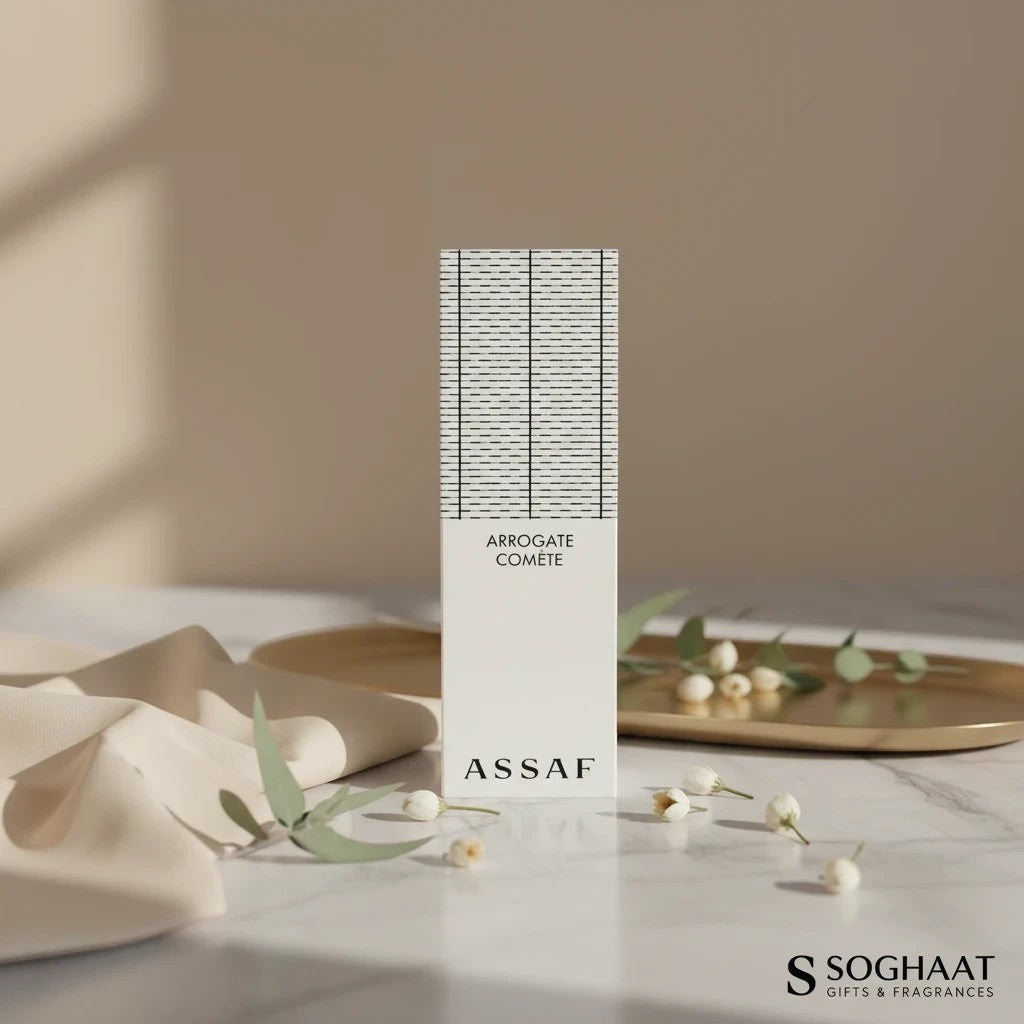 Assaf Arrogate Comete 200ml Eau de Parfum, a fresh floral fragrance with saffron, orange, rose, and amber notes.