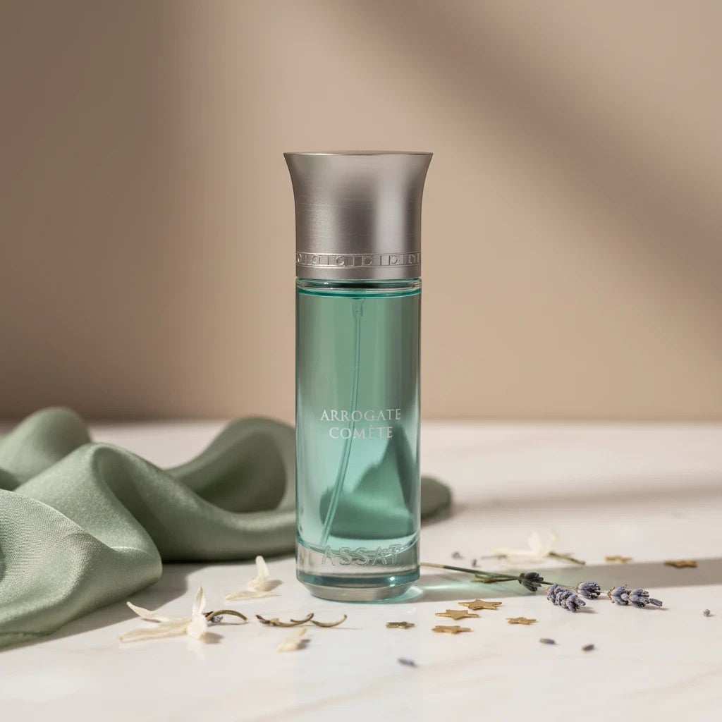 Soghaat Arrogate Comete 200ml Eau de Parfum, a fresh floral fragrance with saffron, orange, rose, and amber notes.