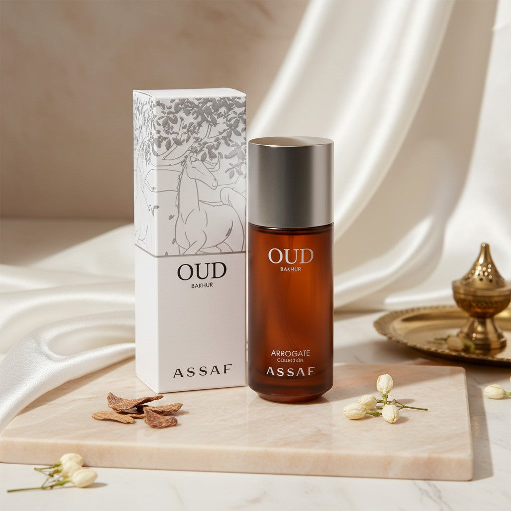 Soghaat Arrogate Oud Bakhur 150ml Eau de Parfum for unisex, amber oud woody fragrance with spice, rose, oud, cedar, leather, amber, and musk.