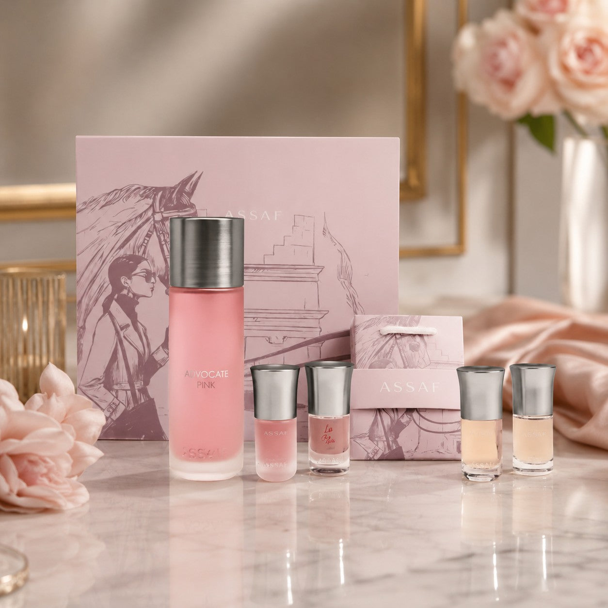 Soghaat Arrogate Pink Collection perfume gift set for women, featuring a 200ml bottle and four 10ml mini fragrances in pink and nude hues.