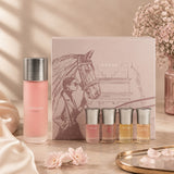 Soghaat Arrogate Pink Collection perfume gift set for women, featuring a 200ml bottle and four 10ml mini fragrances in a pink box with horse illustration.