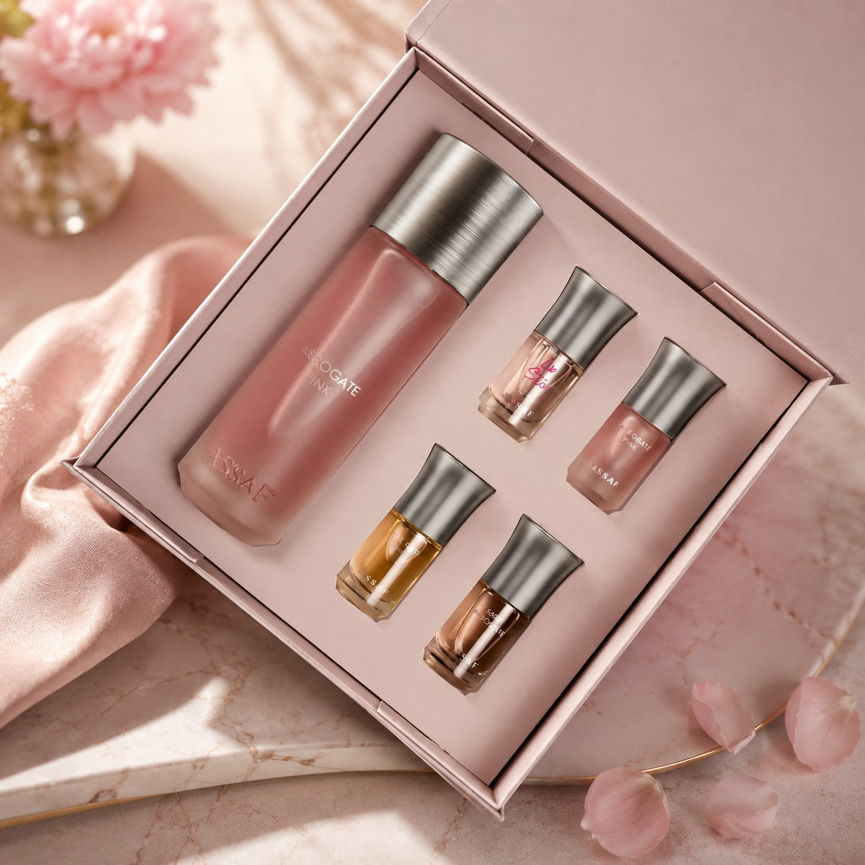 Soghaat Arrogate Pink Collection perfume gift set for women, featuring a 200ml bottle and four 10ml mini fragrances in a pink box.