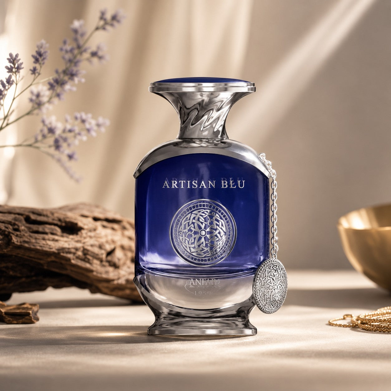 Soghaat Artisan Blu by Anfar 100ml Extrait de Parfum in a deep blue glass bottle with silver accents and a charm.