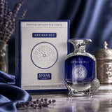 Soghaat Artisan Blu by Anfar 100ml Extrait de Parfum bottle and box with blue glass and silver accents on silk