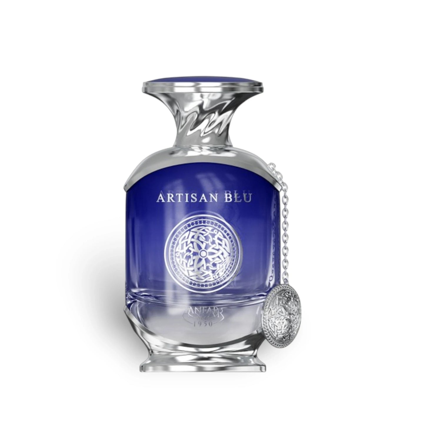 Soghaat Artisan Blu by Anfar 100ml Extrait de Parfum in a blue glass bottle with silver accents and a decorative charm