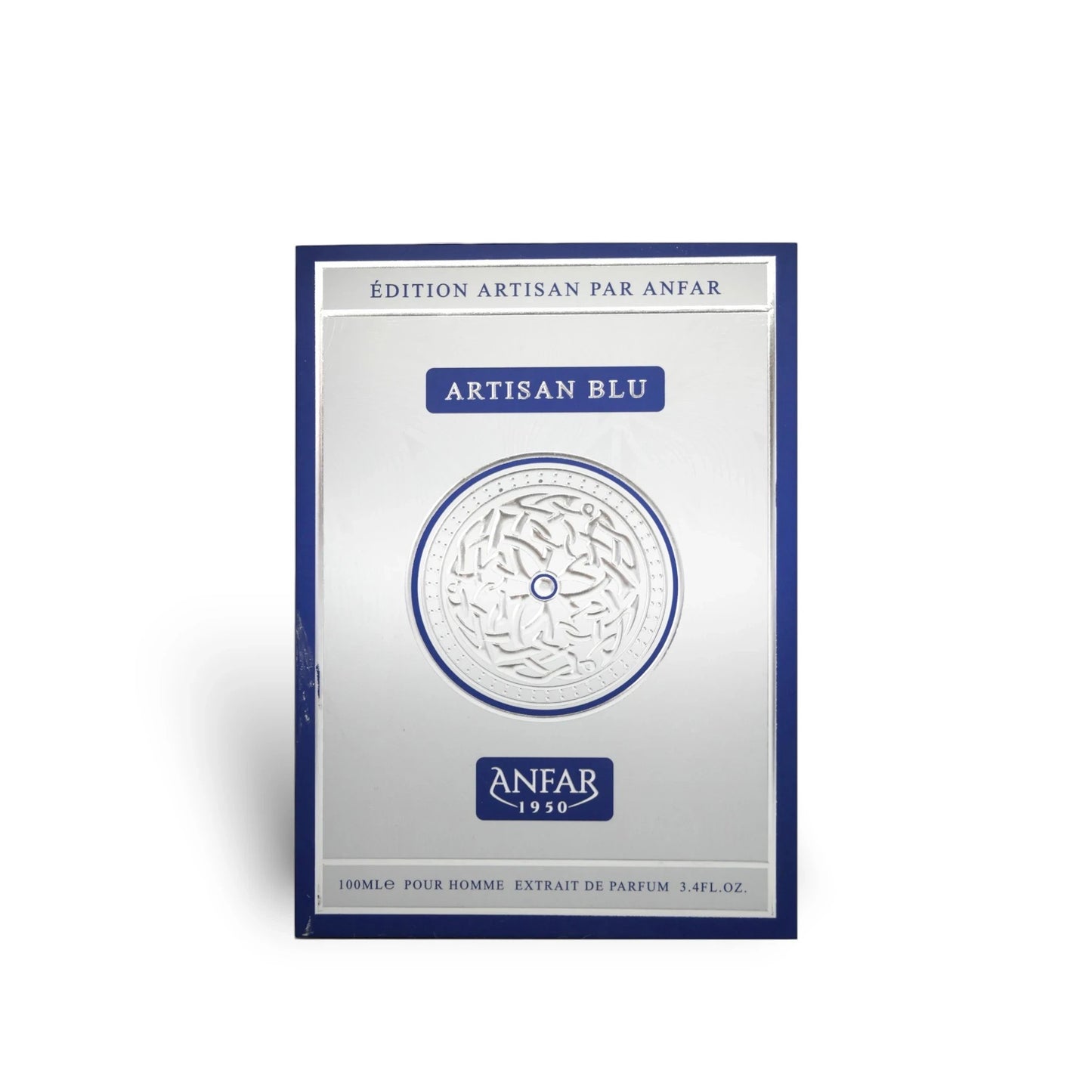 Soghaat Artisan Blu by Anfar 100ml Extrait de Parfum box with silver and blue design featuring intricate patterns.