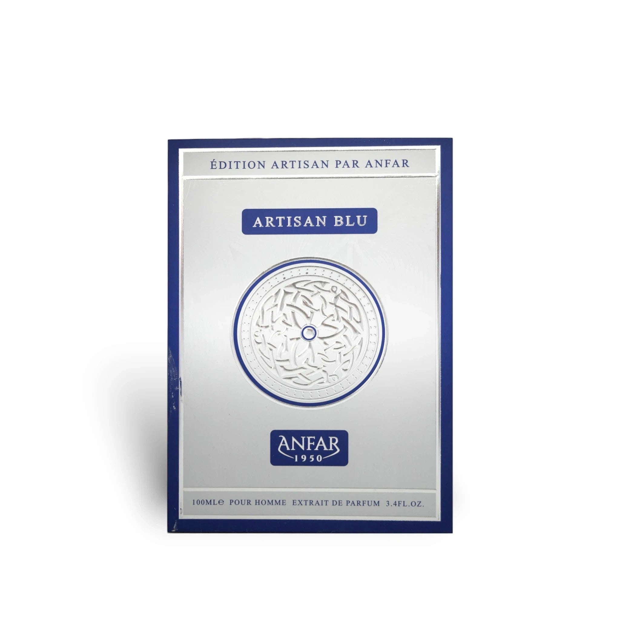 Soghaat Artisan Blu by Anfar 100ml Extrait de Parfum box with silver and blue design featuring intricate patterns.