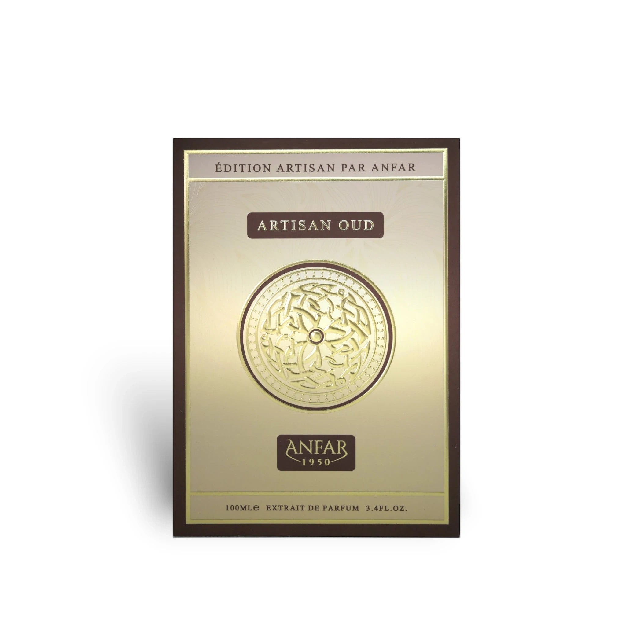 Soghaat Artisan Oud by Anfar 100ml Extrait de Parfum box with gold emblem and dark brown border