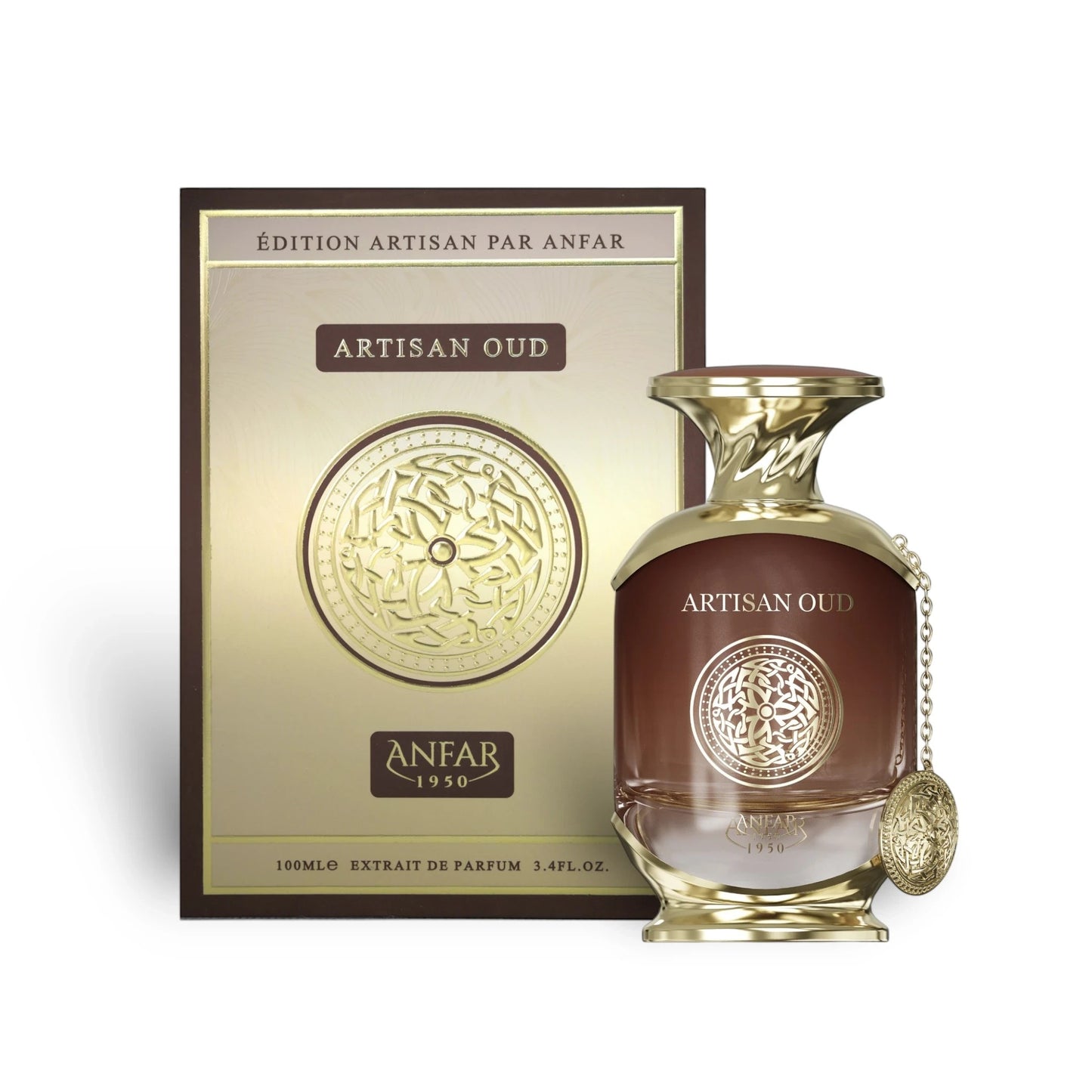 Soghaat Artisan Oud by Anfar 100ml Extrait de Parfum bottle with gold accents and matching decorative box.