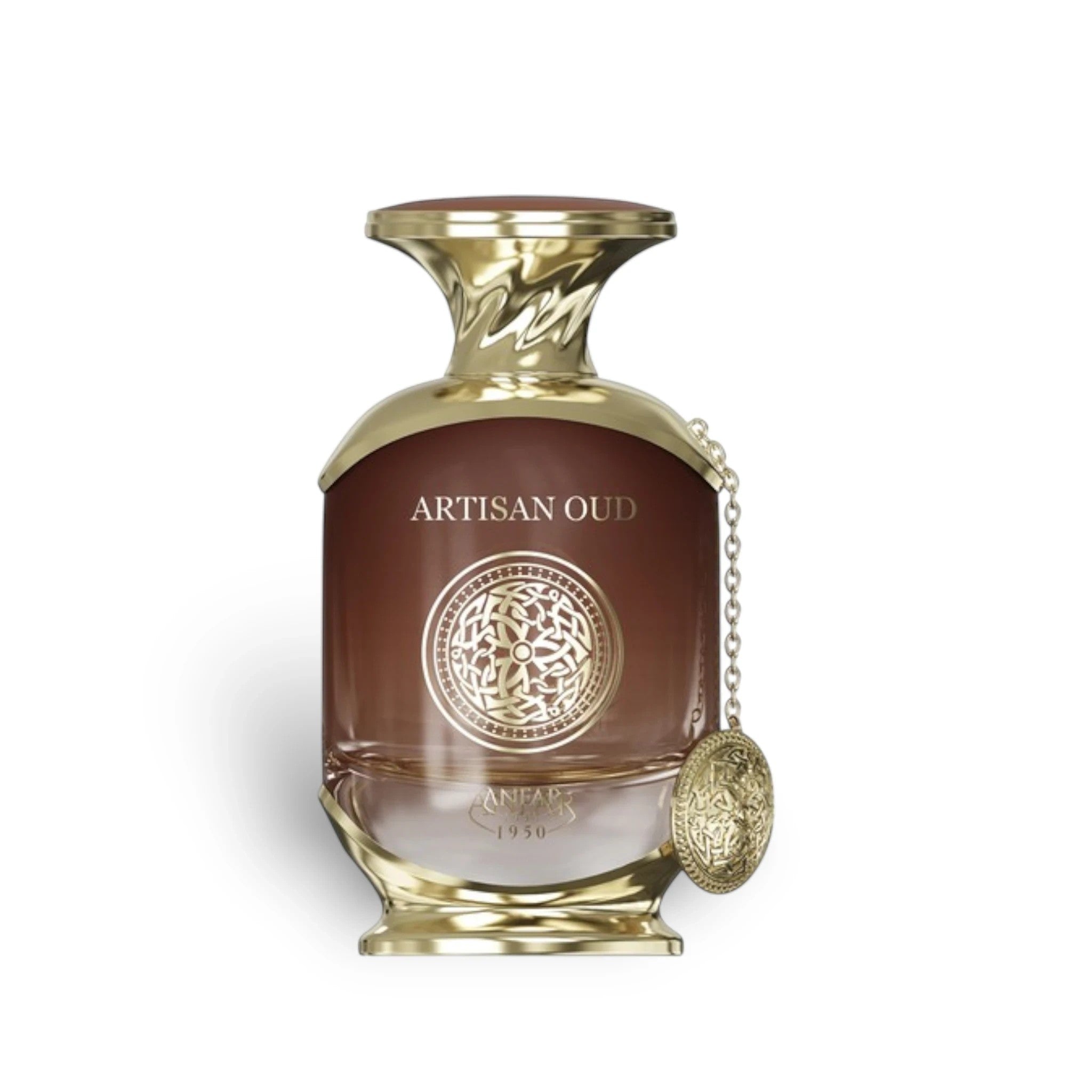 Soghaat Artisan Oud by Anfar 100ml Extrait de Parfum in a brown glass bottle with gold accents and a decorative charm.