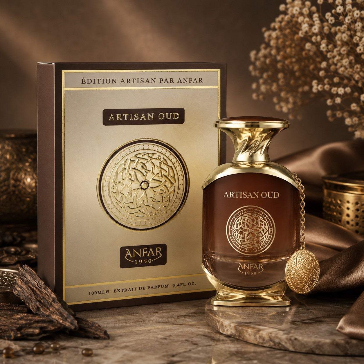 Soghaat Artisan Oud by Anfar 100ml Extrait de Parfum bottle and box with gold accents on a marble surface.