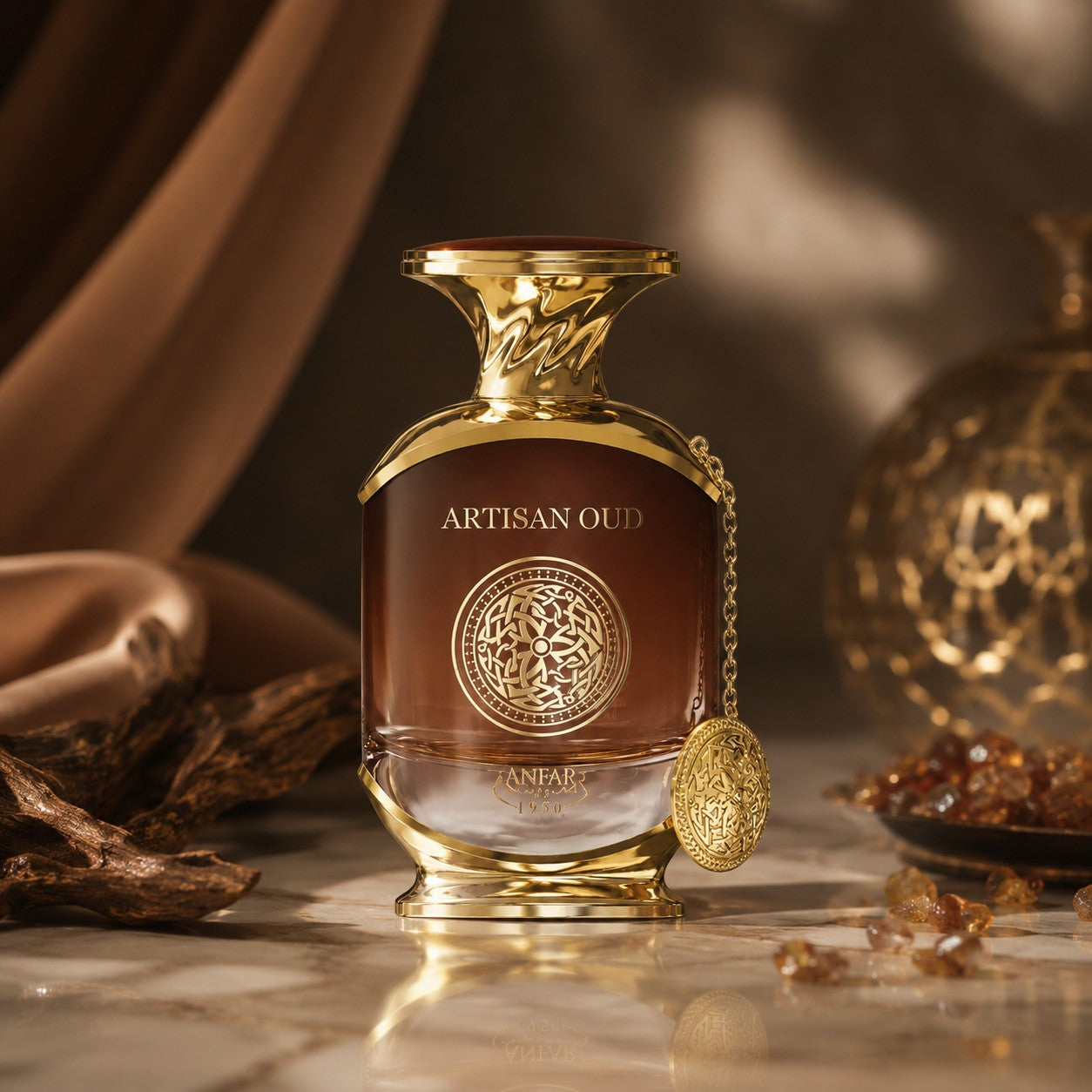 Soghaat Artisan Oud by Anfar unisex Extrait de Parfum in a luxury brown glass bottle with gold accents and charm.