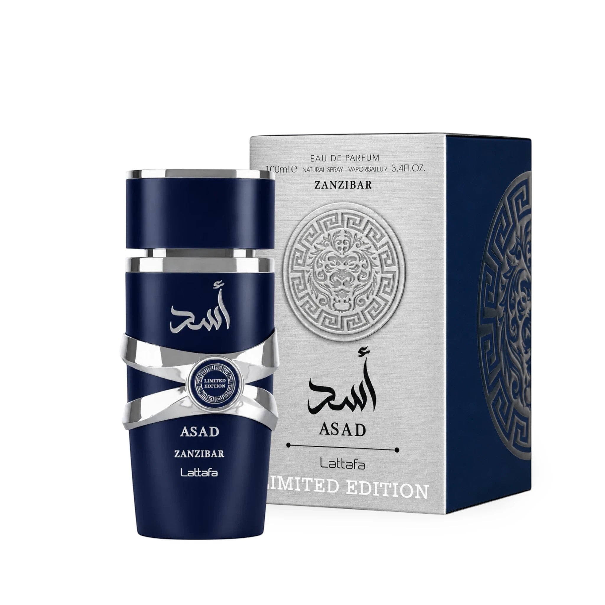Soghaat Lattafa Asad Zanzibar Limited Edition 100ml Eau de Parfum for men in a navy blue bottle with silver accents.